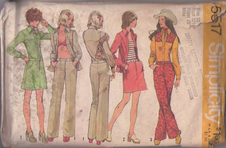 Simplicity 5517 Vintage 70's Sewing Pattern Western Separates, Disco Cowboy, Yoked Shirt, Blouse, Hip Huggers Pants, Mini Skirt with Fly Front Size 10