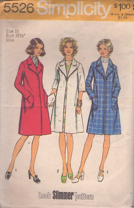 Simplicity 5526 Vintage 70's Sewing Pattern Winter Coats, Look Slimmer A-Line Above Knee Collared Coat, Pockets, Sleeve Choice 2 Styles Size 10