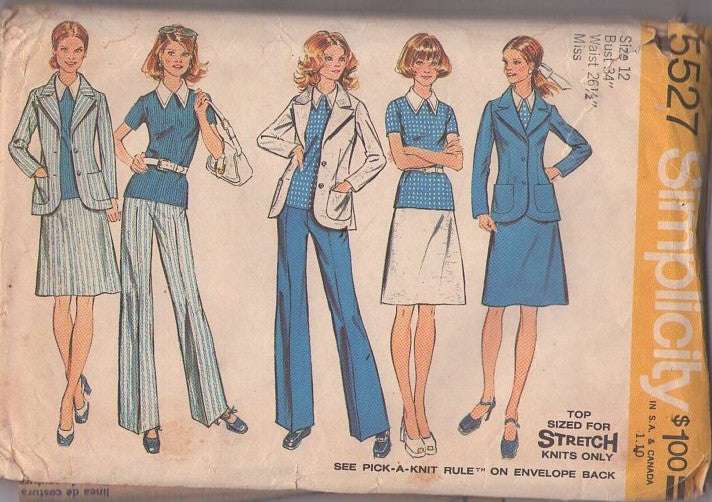 Simplicity 5527 Vintage 70's Sewing Pattern Office Separates, Stretch Knits Separates, Polo Top Shirt, Blazer Jacket, Slacks, A-Line Skirt Size 12