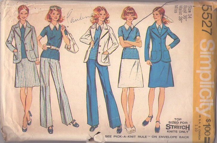Simplicity 5527 Vintage 70's Sewing Pattern Office Separates, Classic Stretch Knits Separates, Polo Top Shirt, Blazer Jacket, Slacks, A-Line Skirt Size 14