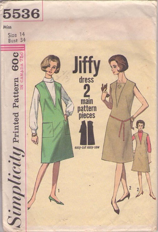 Simplicity 5536 Vintage 60's Sewing Pattern Easy Jumpers, Dart Fitted Jiffy A Line DEEP Plunging V Neck Dress, Jumper Size 14