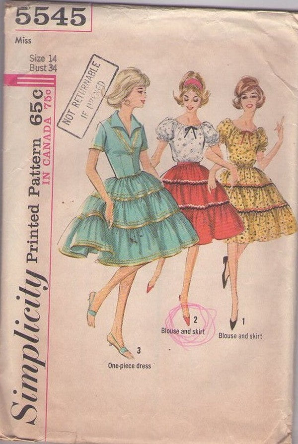 Simplicity 5545 Vintage 60's Sewing Pattern Patio Dress, Rockabilly Full Circle, Inset Lace Trim Tiered Skirt Patio Dress, Squaw Dress, Square Dance Peasant Blouse & Skirt Set Size 14 CUT