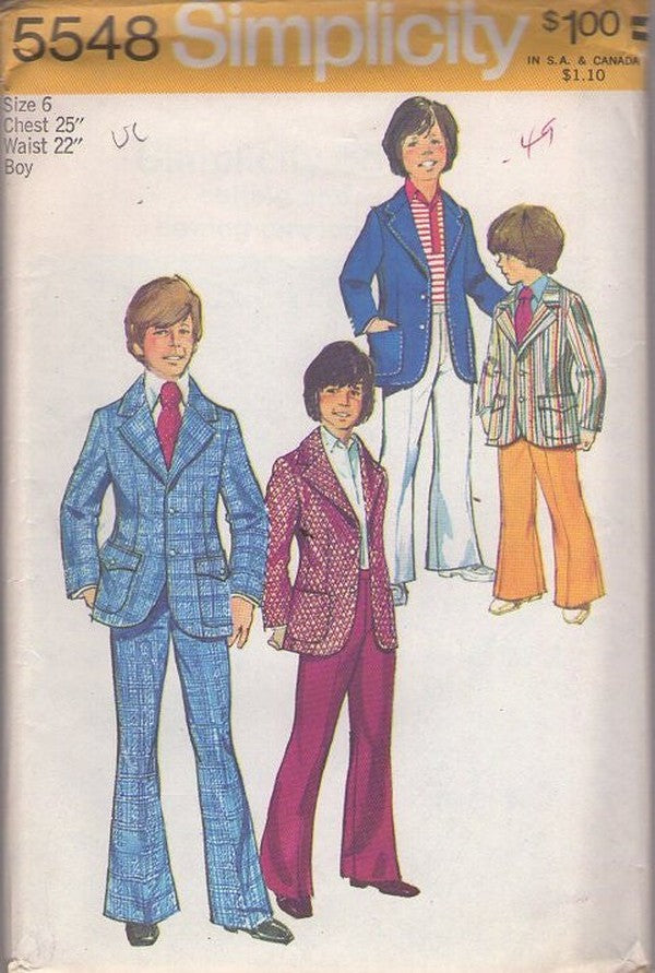 Simplicity 5548 Vintage 70's Sewing Pattern Boys' Suit, Retro Disco Era Brady Bunch, Napoleon Dynamite Fancy Party Suit, Blazer Jacket, Flared Bell Bottomed Slacks Size 6