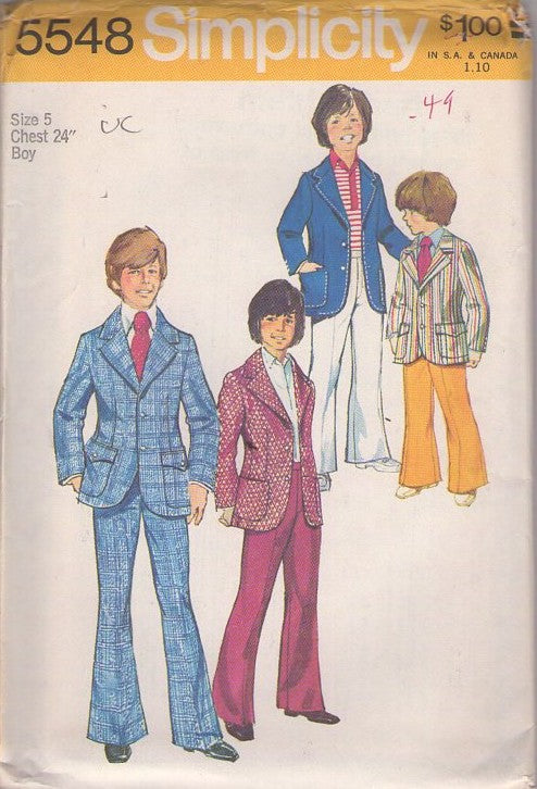 Simplicity 5548 Vintage 70's Sewing Pattern Boys' Suit, Retro Disco Era Brady Bunch, Napoleon Dynamite Fancy Party Suit, Blazer Jacket, Flared Bell Bottomed Slacks Size 5