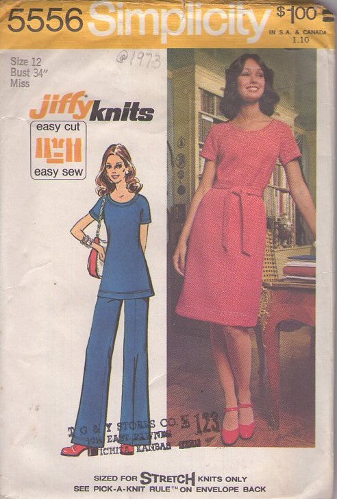 Simplicity 5556 Vintage 70's Sewing Pattern Jiffy Dress, Separates, Knits Easy Scoop Neck Tunic Top, Pants, Secretary Dress, Pantsuit Size 12