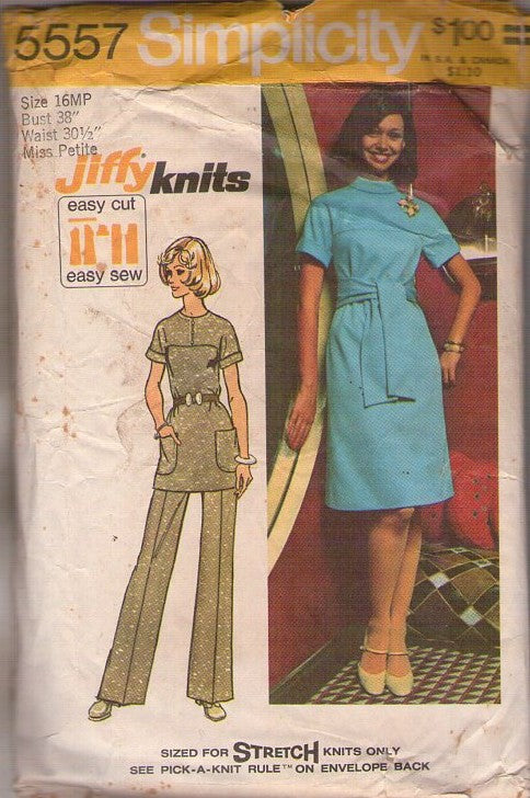 Simplicity 5557 Vintage 70's Sewing Pattern Mod Yoked Dress, Space Age Knits, Easy Tunic Top, Pants, Stewardess Look Size 16MP