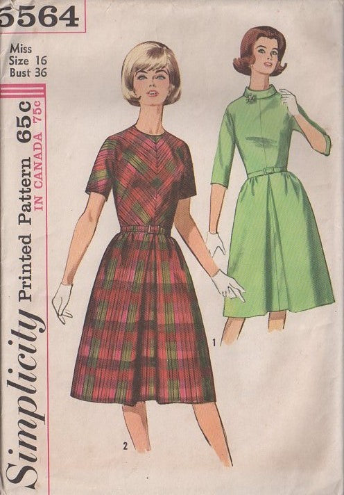 Simplicity 5564 Vintage 60's Sewing Pattern Mod Dress, Bias Center Seam, Secretary, Inverted Front Skirt Pleat Size 16