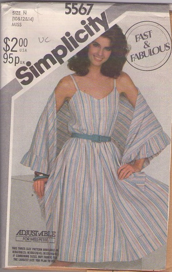 Simplicity 5567 Vintage 80's Sewing Pattern Disco Sun Dress, Shawl, Fast & Fabulous Boho Summer Strappy Flared Skirt Sundress Sun Dress & Triangle Shawl Size 10-14