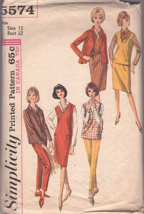 Simplicity 5574 Vintage 60's Sewing Pattern Office Separates, Secretary Mix & Match Jumper, Dress, Vest Top, Slim Skirt, Blouse, Cigarette Pants Size 12
