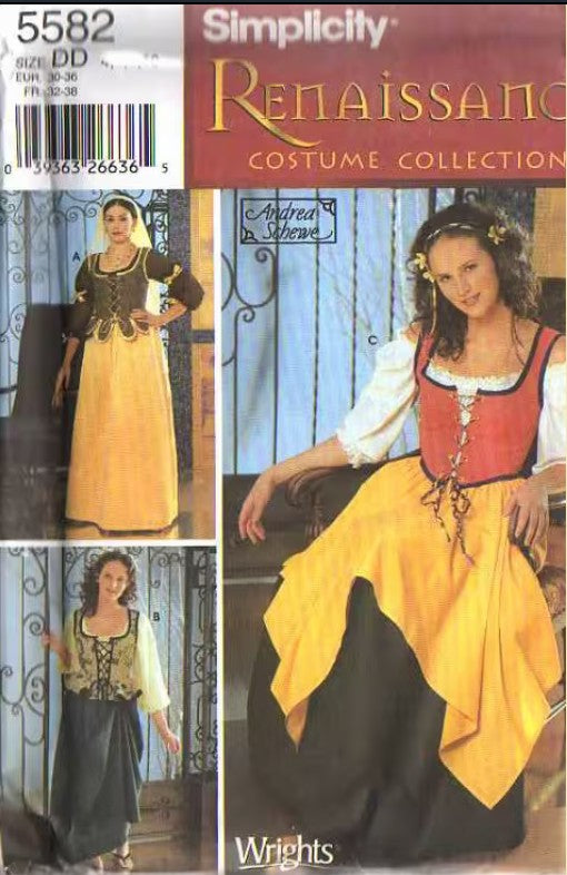 Simplicity 5582 Retro 2003 Sewing Pattern Historical Costumes, Medieval Wench Separates, Regal Ale House Lady, Petal Corset Vest Top, Skirt, Peasant Blouse 4-10