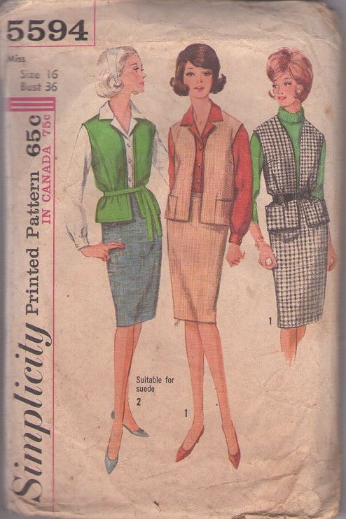 Simplicity 5594 Vintage 60's Sewing Pattern Secretary Separates, Jerkin, Vest Jacket, Blouse & Slim Pencil Skirt Size 16
