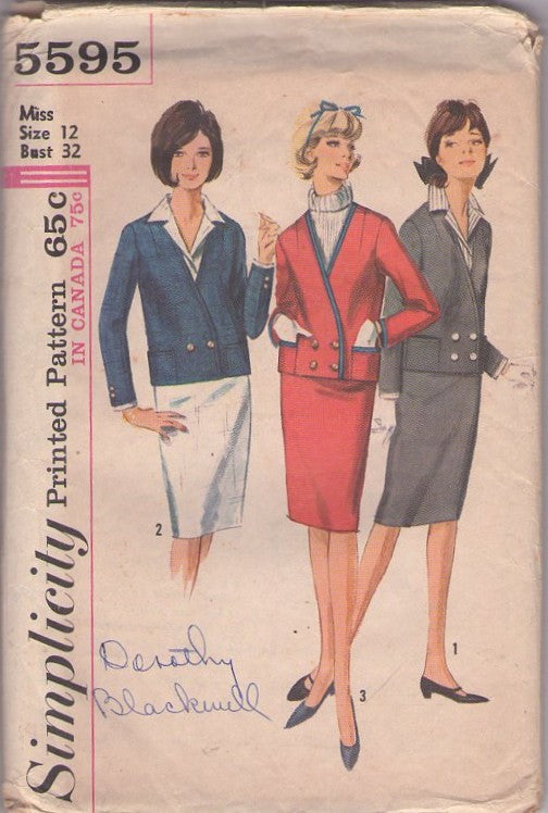 Simplicity 5595 Vintage 60's Sewing Pattern Suit Dress, Yacht Club Member Double Breasted Cardigan Suit Jacket, Sheath Skirt, Detachable Dickey, Cuffs Size 12