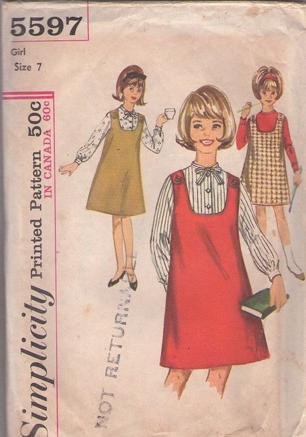Simplicity 5597 Vintage 60's Sewing Pattern Girl's Jumper Dress, Shirt, Tie Collar Blouse & Shoulder Button Straps School Jumper Dress Size 7