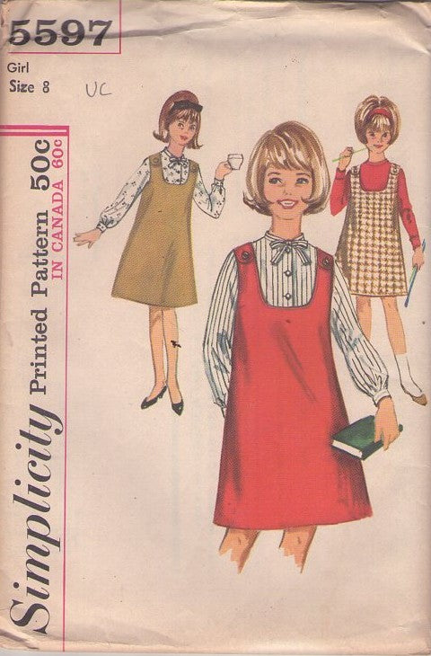 Simplicity 5597 Vintage 60's Sewing Pattern Girl's Jumper Dress, Shirt, Tie Collar Blouse & Shoulder Button Straps School Jumper Dress Size 8
