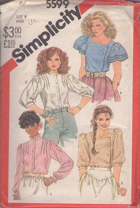 Simplicity 5599 Vintage 80's Sewing Pattern Petite Blouse Set, Romantic Shirts, Secretary Blouses, Tucks, Pleats, Side Buttons, Sleeve Choices 4 Styles Size 8