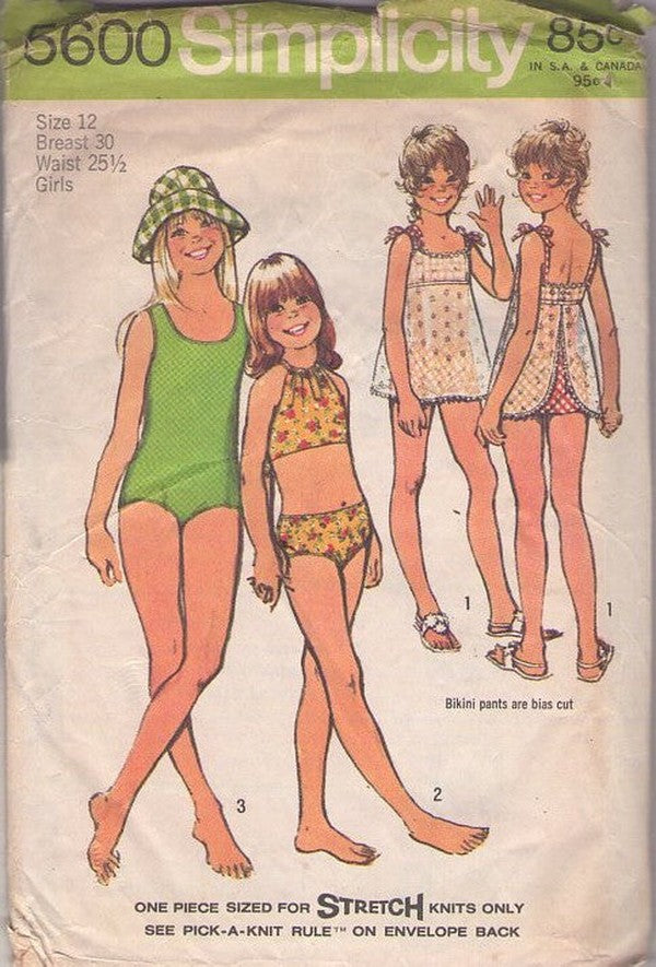 Simplicity 5600 Vintage 70's Sewing Pattern Girl's Bathing Suits, Halter Top Bikini Bathing Suit, Bottoms, One Piece Swimsuit, Apron Skirted Summer Cover Up Shirt Size 12