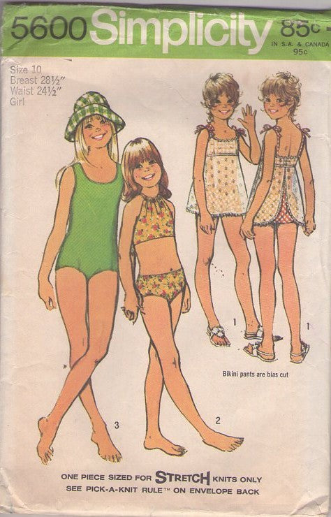 Simplicity 5600 Vintage 70's Sewing Pattern Girl's Bathing Suits, Halter Top Bikini Bathing Suit, Bottoms, One Piece Swimsuit, Apron Skirted Summer Cover Up Shirt Size 10