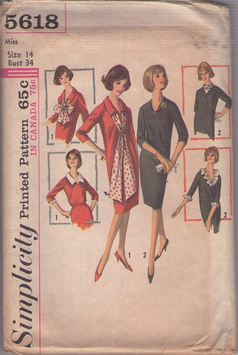 Simplicity 5618 Vintage 60's Sewing Pattern Secretary Dress, Mad Men, V Neck Sheath Dress, Sash Scarf, Belt & Collar Options Size 14