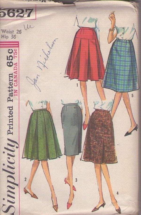 Simplicity 5627 Vintage 60's Sewing Pattern Rockabilly Skirts, Secretary Skirt Set, Sheath, Flared, Pleats, 5 Styles Waist 26 Size M