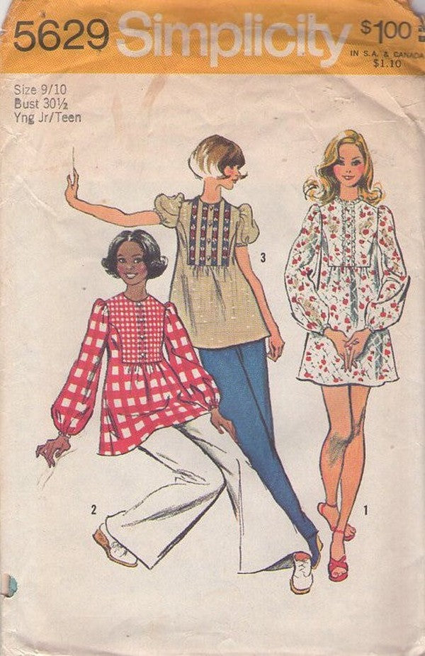 Simplicity 5629 Vintage 70's Sewing Pattern Babydoll Mod Mini Dress, Puff Sleeve Smock Top, Disco Blouse Set Size 15/16
