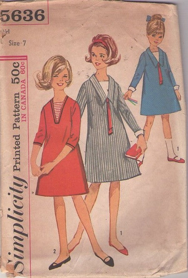 Simplicity 5636 Vintage 60's Sewing Pattern Girls' Mod School Dress, Nautical Vestee, Dickey, Flat Collar, 2 Styles Size 7