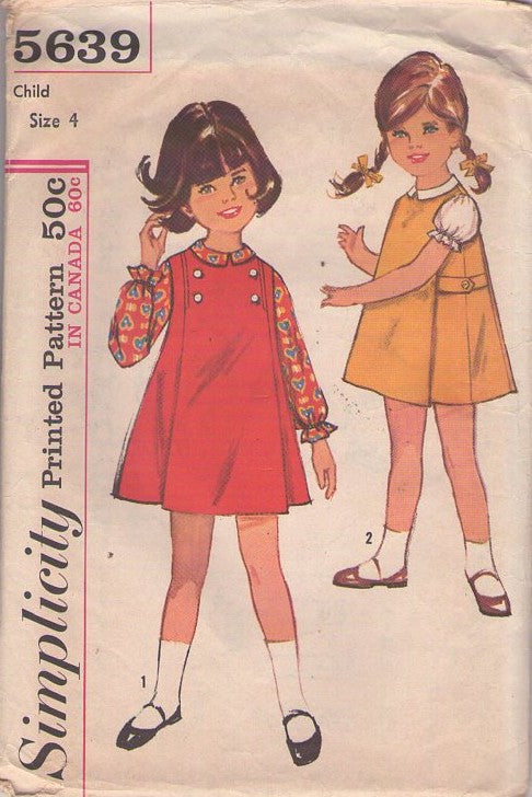 Simplicity 5639 Vintage 60's Sewing Pattern Girls' Jumper, Side Button Tab Dress, Back Buttons Blouse, 2 Styles Size 4