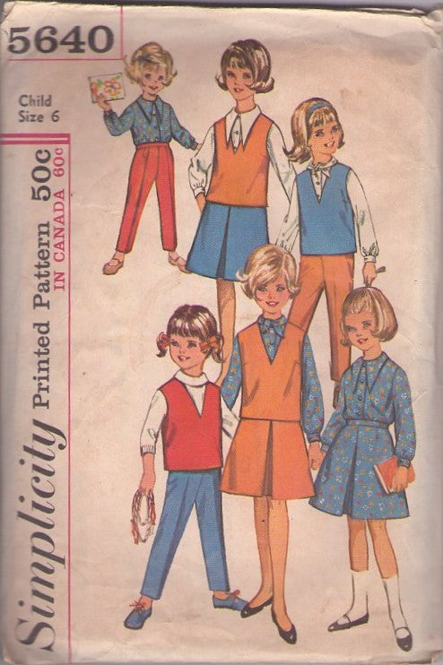 Simplicity 5640 Vintage 60's Sewing Pattern Girl's Separates, HUGE Pointed Collar Blouse, Vestee Top, Inverted Pleat Skirt, Tapered Leg Pants Size 6