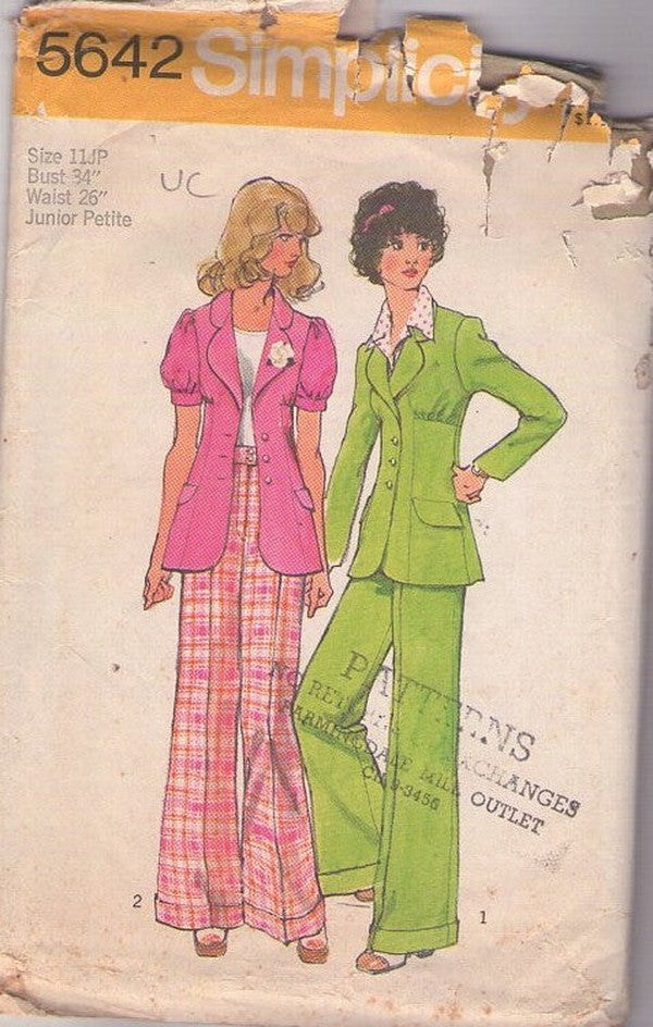 Simplicity 5642 Vintage 70's Sewing Pattern Pantsuits Separates, Annie Hall, Diane Keaton, Fitted Puff Sleeve Suit Jacket, Shirred Bust & Wide Belled Cuffed Pants Size 11JP