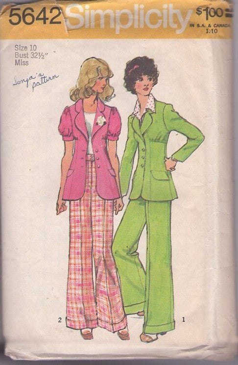 Simplicity 5642 Vintage 70's Sewing Pattern Pantsuits Separates, Annie Hall, Diane Keaton, Fitted Puff Sleeve Suit Jacket, Shirred Bust & Wide Belled Cuffed Pants Size 10