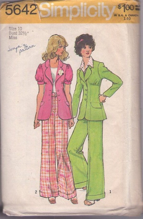 Simplicity 5642 Vintage 70's Sewing Pattern Pantsuits Separates, Annie Hall, Diane Keaton, Fitted Puff Sleeve Suit Jacket, Shirred Bust & Wide Belled Cuffed Pants Size 10