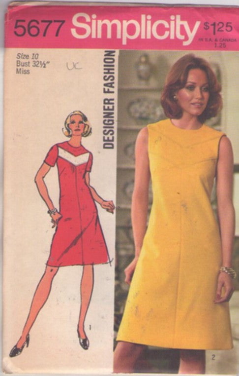 Simplicity 5677 Vintage 70's Sewing Pattern Mod Dress, Designer Fashion, Chevron Inset Space Age Day Dress, 2 Styles Size 10