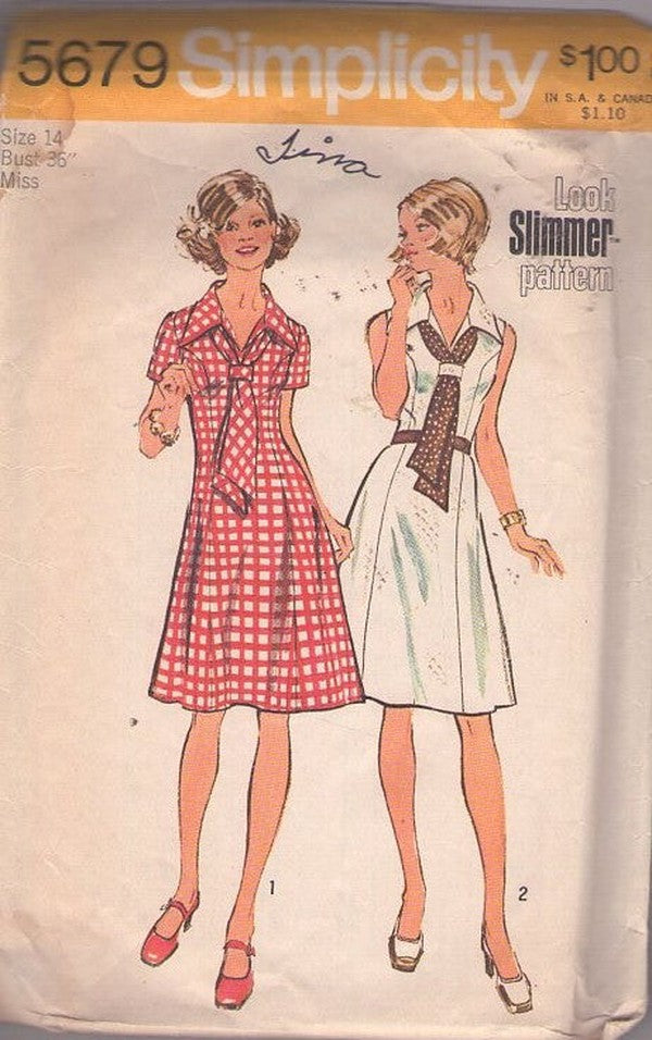 Simplicity 5679 Vintage 70's Sewing Pattern Day Dress Set, Look Slimmer Princess Seams Fit & Flared Secretary Dress & Tuck In Tie Scarf, Wide Pointed Collar, 2 Styles Size 14