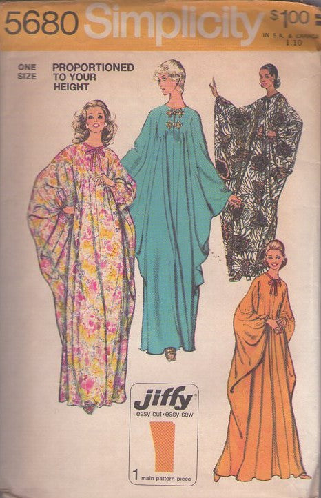 Simplicity 5680 Vintage 70's Sewing Pattern Jiffy Kaftan, Hippie Goddess Mrs. Roper Winged Hostess Caftan, Kaftan, Maxi Muu Muu Dress, Gown 1 Main Piece One Size