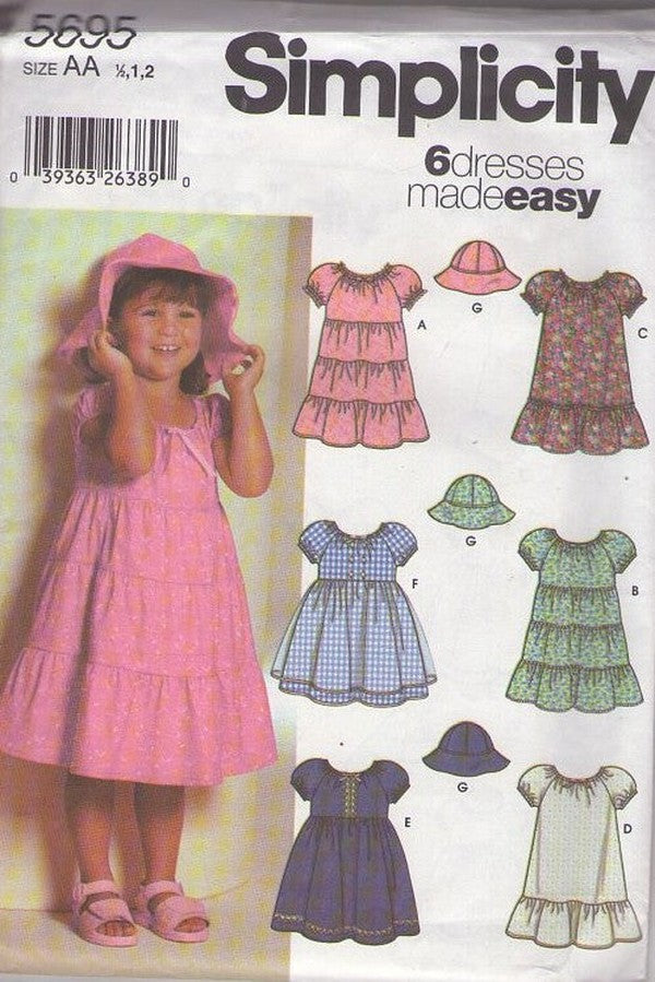 Simplicity 5695 Retro 2000 Sewing Pattern Girl's Peasant Dress, 6 Dresses Made Easy, Boho, Tiered, Raglan Sleeve Dress Set Size 1/2-2