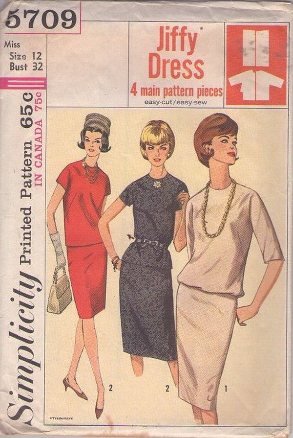 Simplicity 5709 Vintage 60's Sewing Pattern Secretary Separates, Jiffy 2 Piece Dress, 4 Main Pieces, Kimono Sleeve Blouse, Slim Sheath Skirt Size 12 CUT