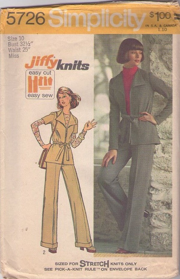 Simplicity 5726 Vintage 70's Sewing Pattern Jiffy Knits Separates, Secretary Styles, Wing Collar, Wrap Jacket, Cuffed Pants EASY Size 10