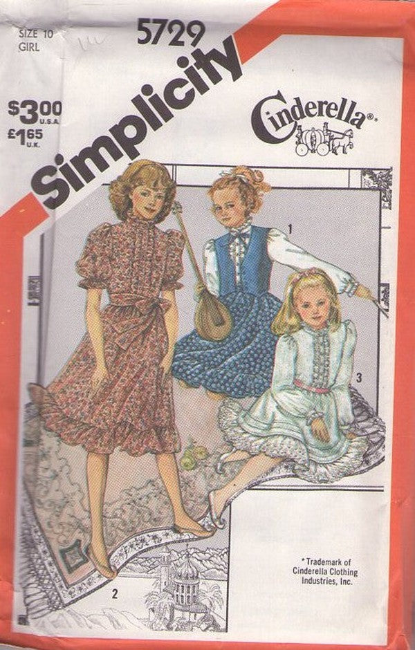 Simplicity 5729 Vintage 80's Sewing Pattern Girl's Dresses, Cinderella Boho Prairie Dress, Ruffled Pollyanna Party Dress, Lined Vest Size 10