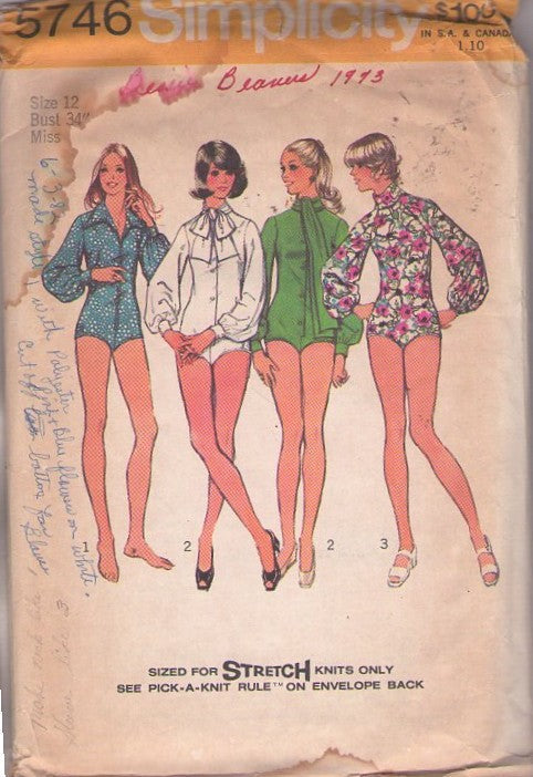 Simplicity 5746 Vintage 70's Sewing Pattern Disco Bodysuits, Secretary Snap Crotch Bodysuit, Leotard Blouse, Stretchy Knits 3 Styles Size 12