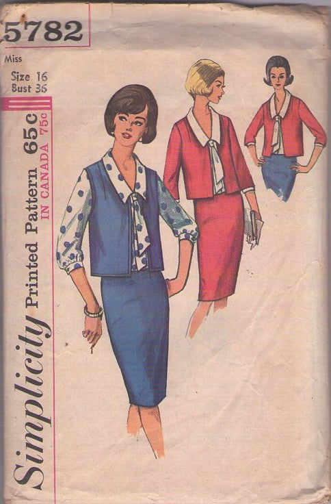Simplicity 5782 Vintage 60's Sewing Pattern Jacket, Blouse, Skirt, Suit Separates, Mad Men Tie Collar V Neck Blouse, Slim Sheath Skirt, Open Front Vest, Jacket Size 16