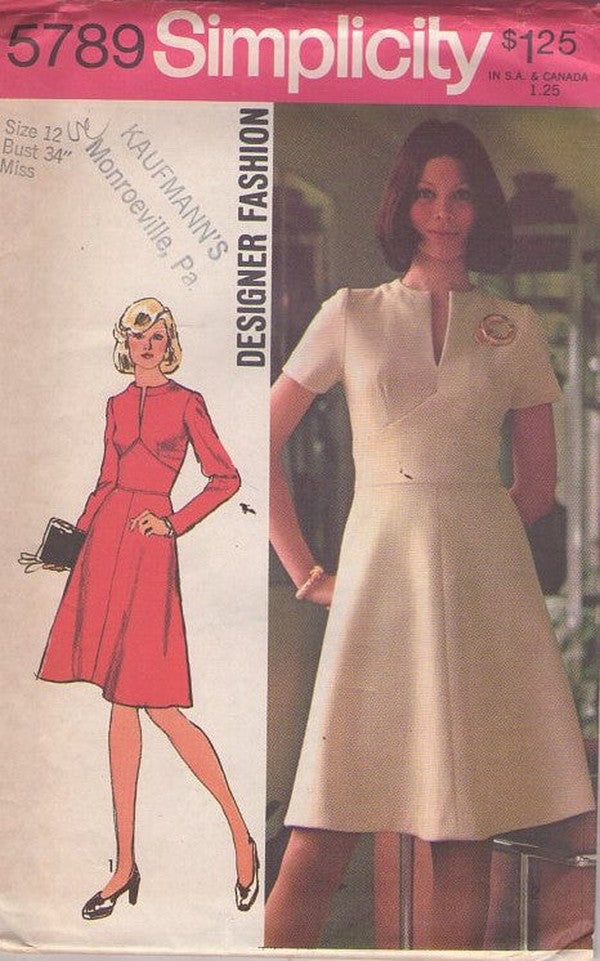Simplicity 5789 Vintage 70's Sewing Pattern Mod Dress, Designer Fashion, Wide Chevron Shaped Midriff Flared Party Dress 2 Styles Size 12