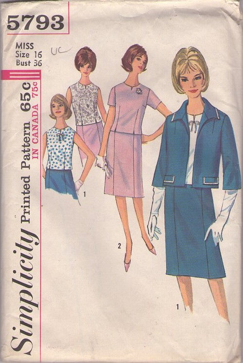 Simplicity 5793 Vintage 60's Sewing Pattern Suit Separates, Mad Men, Flattering Front Panel Skirt, Notched Blouse Top, Suit Jacket Cover Up 3 Piece Dress Suit Size 16 UNCUT