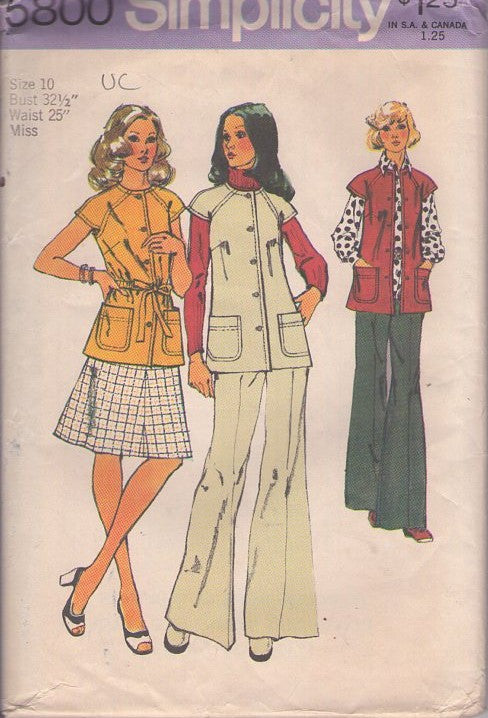 Simplicity 5800 Vintage 70's Sewing Pattern Secretary Separates, Raglan Cap Sleeve Vest Jacket Blouse Top, A-Line Skirt, Flared Bell Bottom Pants Size 10 UNCUT