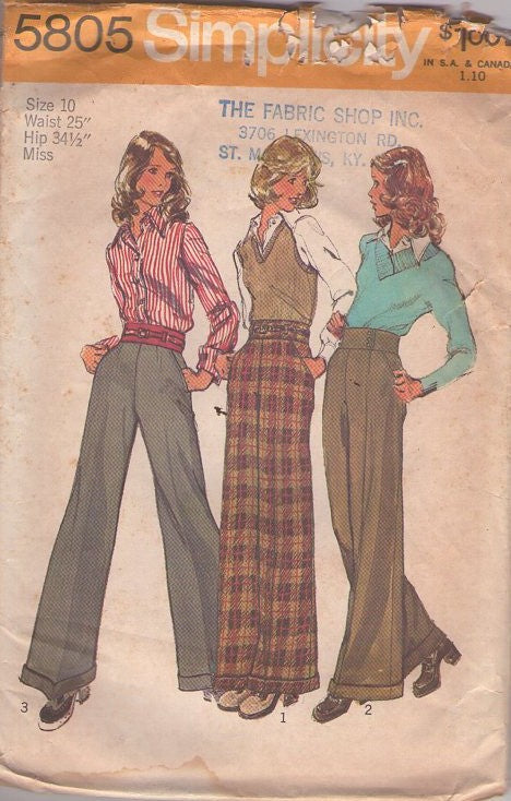 Simplicity 5805 Vintage 70's Sewing Pattern Pants Set, Annie Hall Secretary, Flared Bell Bottoms Cuffed Leg, Wide Midriff Waist Pants, Slacks Set 3 Styles Size 10