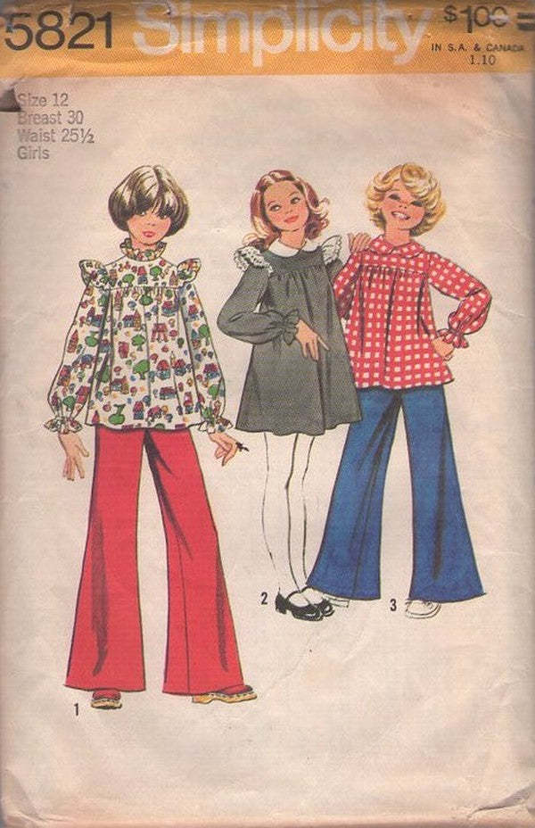 Simplicity 5821 Vintage 70's Sewing Pattern Teen Girl's Separates, Brady Bunch Ruffle Trim Prairie Look Blouse, Dress, Flared Bell Bottoms Pants Size 12