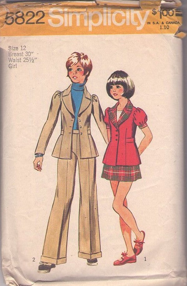 Simplicity 5822 Vintage 70's Sewing Pattern Teen Girl's Separates, Gathered Puff Sleeve, Notched Shawl Collar Jacket, Peplum, Mini Skirt, Cuffed Flared Pants Size 12