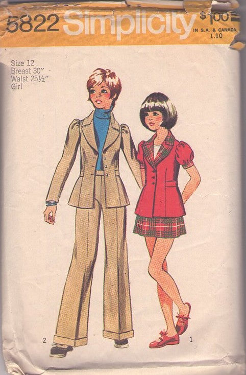 Simplicity 5822 Vintage 70's Sewing Pattern Teen Girl's Separates, Gathered Puff Sleeve, Notched Shawl Collar Jacket, Peplum, Mini Skirt, Cuffed Flared Pants Size 12