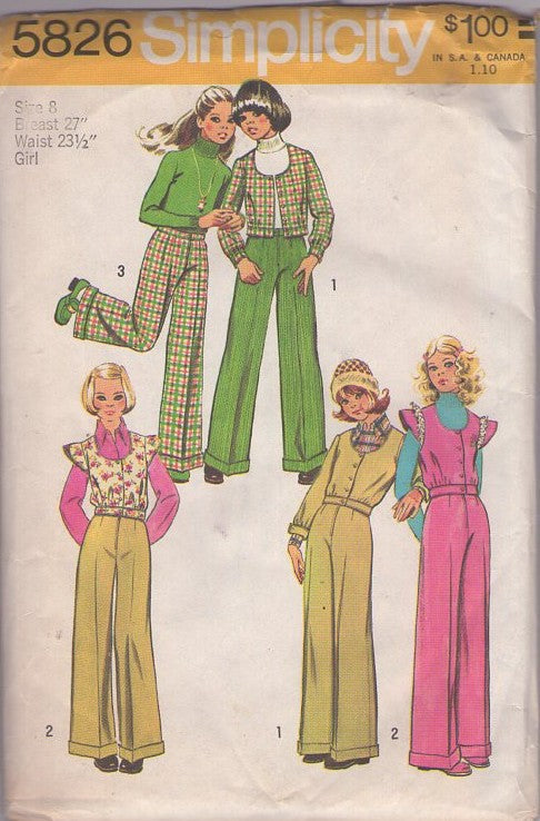 Simplicity 5826 Vintage 70's Sewing Pattern Girl's Suit Set, Brady Bunch Scoop Neck Flutter Sleeve Vest Blouse, Hip Band Jacket, Flared Cuffed Pants Size 8