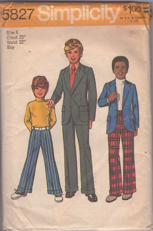 Simplicity 5827 Vintage 70's Sewing Pattern Boys' Suits, Brady Bunch Hipster Suit, Cuffed Flared Jeans, Pants, Fitted Blazer Suit Jacket Size 6
