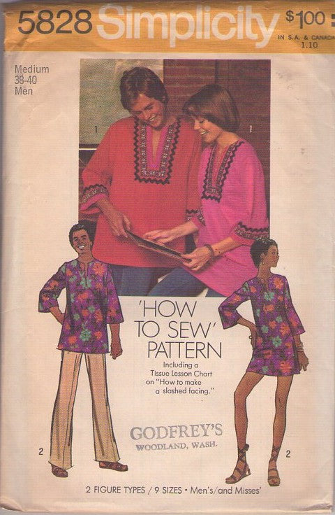 Simplicity 5828 Vintage 70's Sewing Pattern Hippie Shirts, Easy Dashiki Shirt, Micro Mini Dress Size Men M