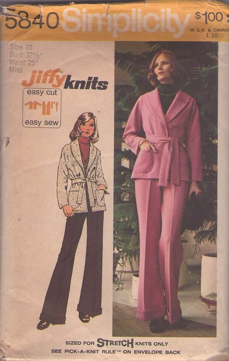Simplicity 5840 Vintage 70's Sewing Pattern Easy Jiffy Knits Set, Shawl Collar Wrap Around Cardigan Jacket, Pants Size 10 CUT